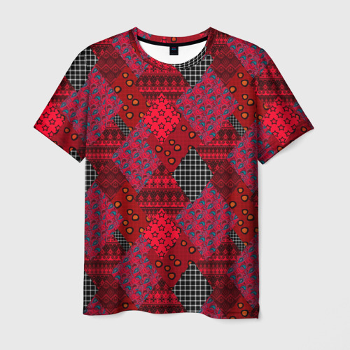 Мужская футболка с принтом Красный лоскутный узор пэчворк, вид спереди №1