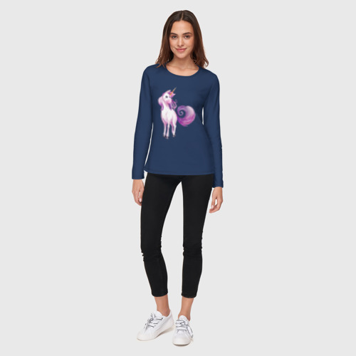 Женский лонгслив хлопок с принтом Единорог с фиолетовой гривой, вид сбоку #3