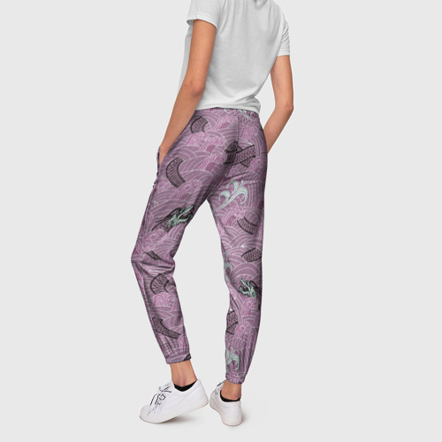 Женские брюки 3D с принтом Драконьи волны, вид сзади #2
