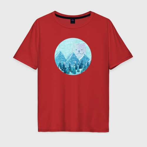 Мужская футболка хлопок Oversize с принтом Зима в горах и котик, вид спереди #2