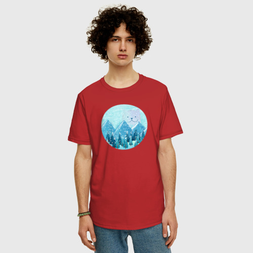 Мужская футболка хлопок Oversize с принтом Зима в горах и котик, фото на моделе #1