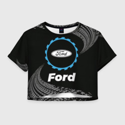 Женская футболка Crop-top 3D Ford в стиле Top Gear со следами шин на фоне