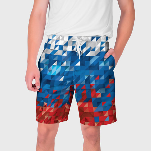 Мужские шорты 3D с принтом Полигональный флаг России!, вид спереди #2