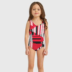 Детский купальник 3D Красный черный и белый горошек и полоска 