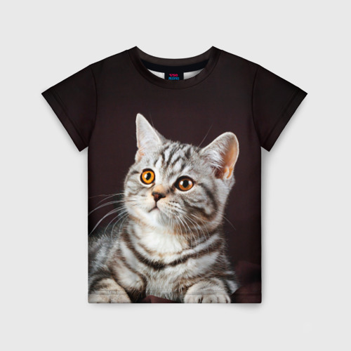 Детская футболка с принтом Задумчивый котёнок британской полосатой, вид спереди №1