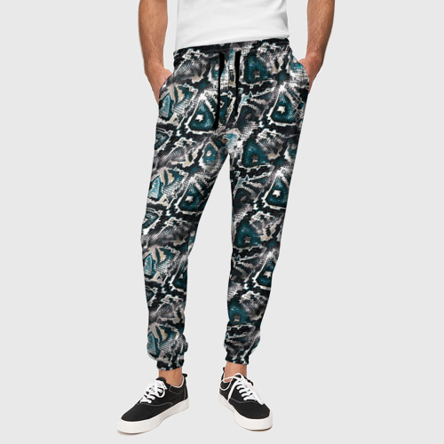 Мужские брюки 3D Черно-белая с бирюзовым кожа змеи, цвет 3D печать - фото 4