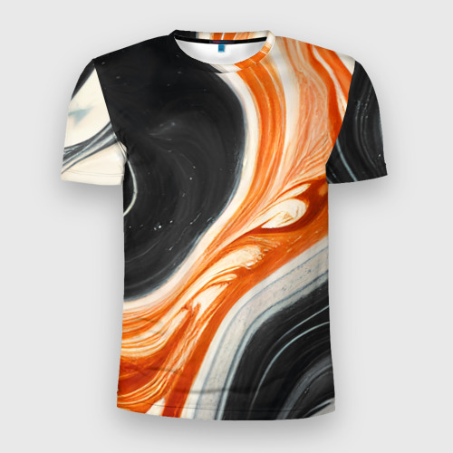 Мужская футболка 3D Slim с принтом Оранжевые разводы краски, вид спереди #2