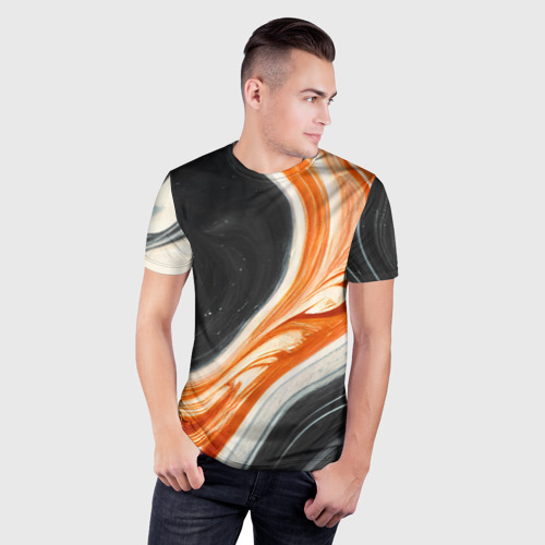 Мужская футболка 3D Slim с принтом Оранжевые разводы краски, фото на моделе #1