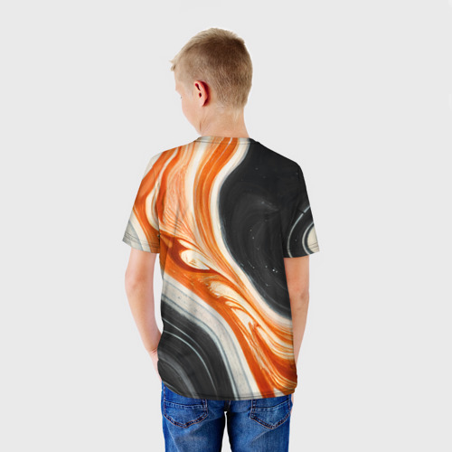 Детская футболка 3D с принтом Оранжевые разводы краски, вид сзади #2