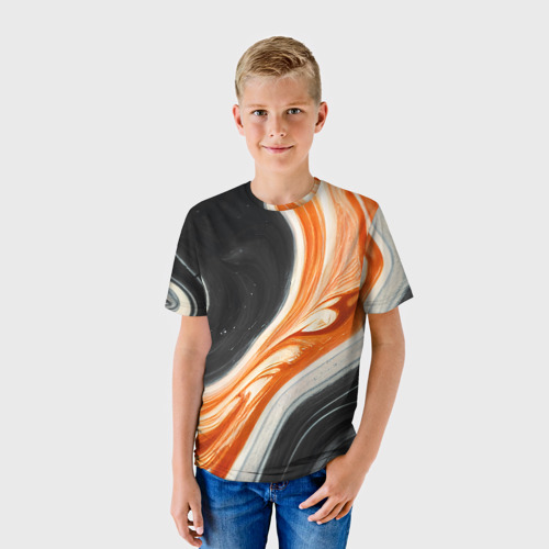 Детская футболка 3D с принтом Оранжевые разводы краски, фото на моделе #1