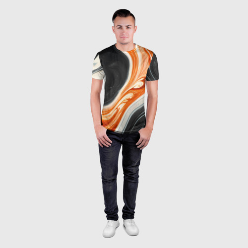 Мужская футболка 3D Slim с принтом Оранжевые разводы краски, вид сбоку #3