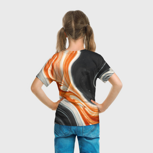 Детская футболка 3D с принтом Оранжевые разводы краски, вид сзади #2