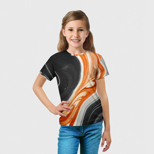 Детская футболка 3D с принтом Оранжевые разводы краски, вид сбоку #3
