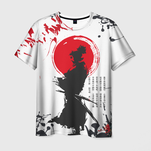 Мужская футболка с принтом Самурай на фоне солнца, вид спереди №1