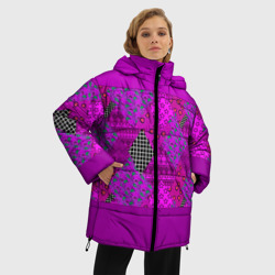 Женская зимняя куртка Oversize Малиновый комбинированный узор пэчворк  - фото 2