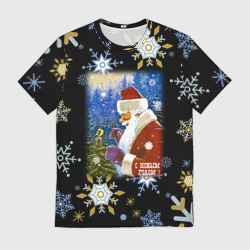 Мужская футболка 3D Новый год дед мороз и птичка