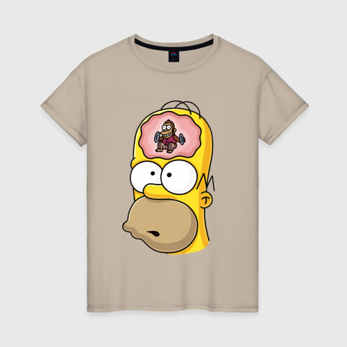 Женская футболка хлопок с принтом Мартышка бьёт в тарелки в голове Гомера Симпсона, вид спереди #2