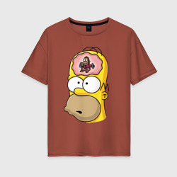 Женская футболка хлопок Oversize Мартышка бьёт в тарелки в голове Гомера Симпсона