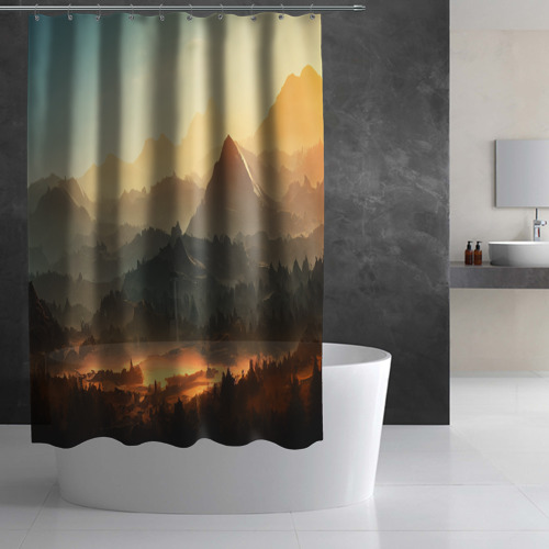 Штора 3D для ванной Рассвет в горах, пейзаж - фото 2