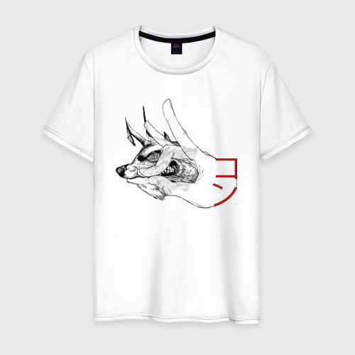 Мужская футболка из хлопка с принтом Демон лис и жест кон, вид спереди №1