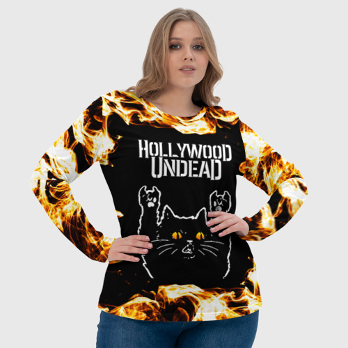Женский лонгслив 3D с принтом Hollywood Undead рок кот и огонь, фото #4