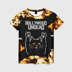 Женская футболка 3D Hollywood Undead рок кот и огонь
