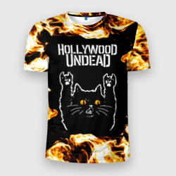 Мужская футболка 3D Slim Hollywood Undead рок кот и огонь