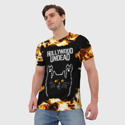 Мужская футболка 3D Hollywood Undead рок кот и огонь - фото 2