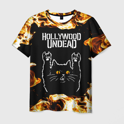 Мужская футболка с принтом Hollywood Undead рок кот и огонь, вид спереди №1