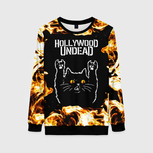 Женский свитшот 3D с принтом Hollywood Undead рок кот и огонь, вид спереди #2