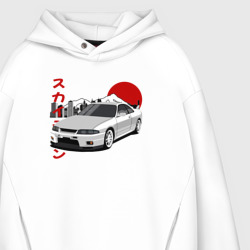 Худи с принтом Nissan Skyline Gt-r r33 Japanese Retro Cars для мужчины, вид на модели спереди №3. Цвет основы: белый