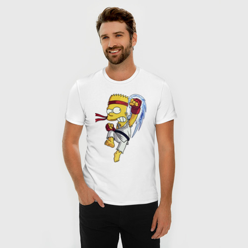 Мужская футболка хлопок Slim с принтом Боец Барт Симпсон - чёрный пояс, фото на моделе #1