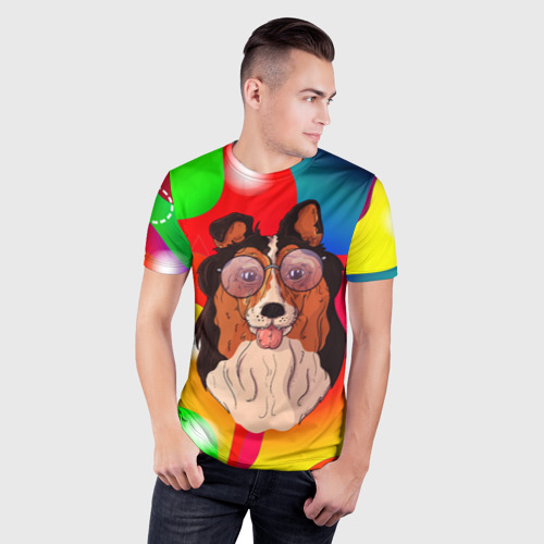 Мужская футболка 3D Slim Собачка  в круглых очках, цвет 3D печать - фото 3