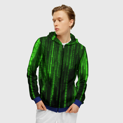 Мужская толстовка 3D на молнии с принтом Двоичный код зеленый, фото на моделе #1