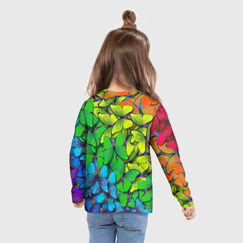 Детский лонгслив 3D с принтом Бабочки и радуга, вид сзади #2