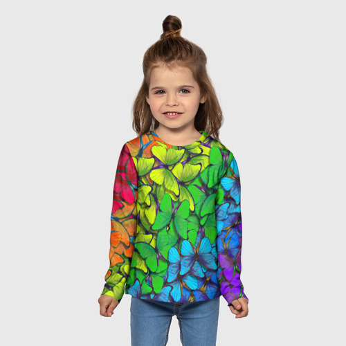 Детский лонгслив 3D с принтом Бабочки и радуга, вид сбоку #3