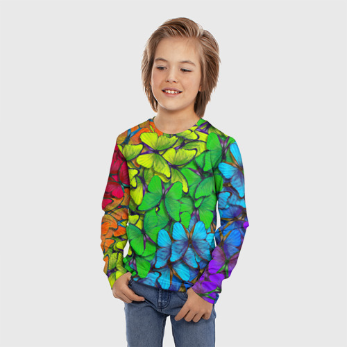 Детский лонгслив 3D с принтом Бабочки и радуга, фото на моделе #1