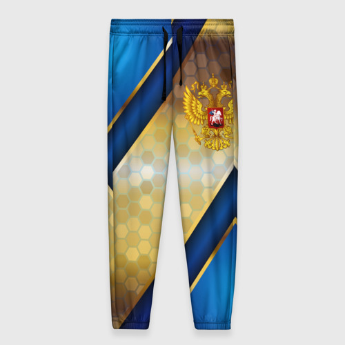 Женские брюки 3D с принтом Золотой герб России на синем объемном фоне, вид спереди #2