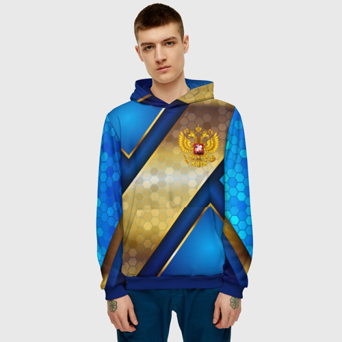 Мужская толстовка 3D с принтом Золотой герб России на синем объемном фоне, фото на моделе #1
