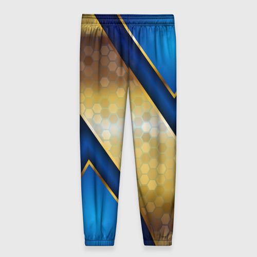 Женские брюки 3D с принтом Золотой герб России на синем объемном фоне, вид сзади #1