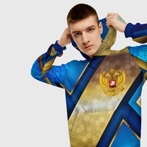 Мужская толстовка 3D с принтом Золотой герб России на синем объемном фоне, вид сбоку #3