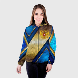 Женская куртка 3D Золотой герб России на синем объемном фоне - фото 2