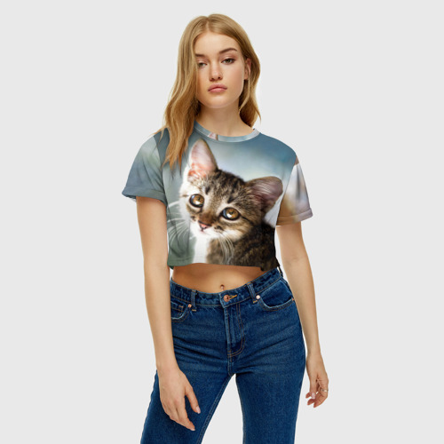 Женская футболка Crop-top 3D Милый полосатый котёнок, цвет 3D печать - фото 3