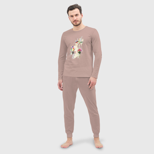 Мужская пижама с лонгсливом хлопок Живопись полет колибри, цвет пыльно-розовый - фото 3
