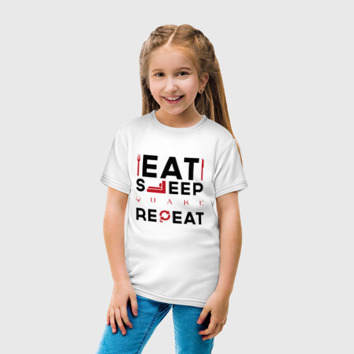 Детская футболка хлопок Надпись: eat sleep Quake repeat, цвет белый - фото 5
