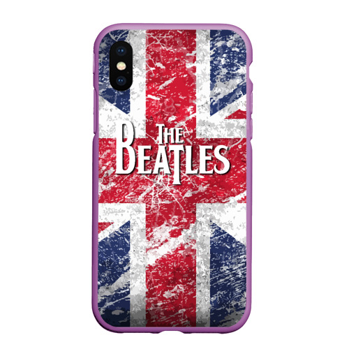 Чехол для iPhone XS Max матовый The Beatles - лого на фоне флага Великобритании, цвет фиолетовый