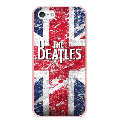 Чехол для iPhone 5/5S матовый The Beatles - лого на фоне флага Великобритании, цвет светло-розовый