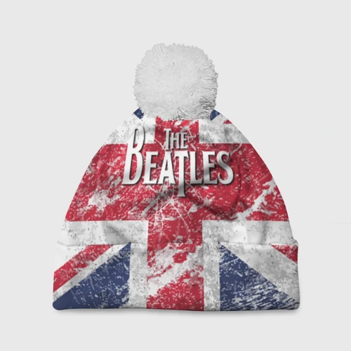 Шапка 3D c помпоном The Beatles - лого на фоне флага Великобритании