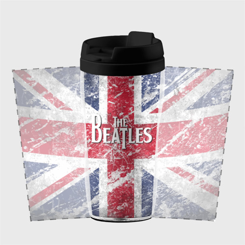 Термокружка-непроливайка The Beatles - лого на фоне флага Великобритании, цвет черный - фото 2