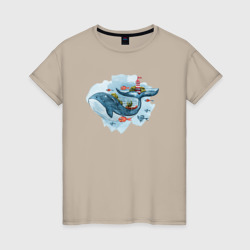 Женская футболка хлопок Большой кит в окружении рыб